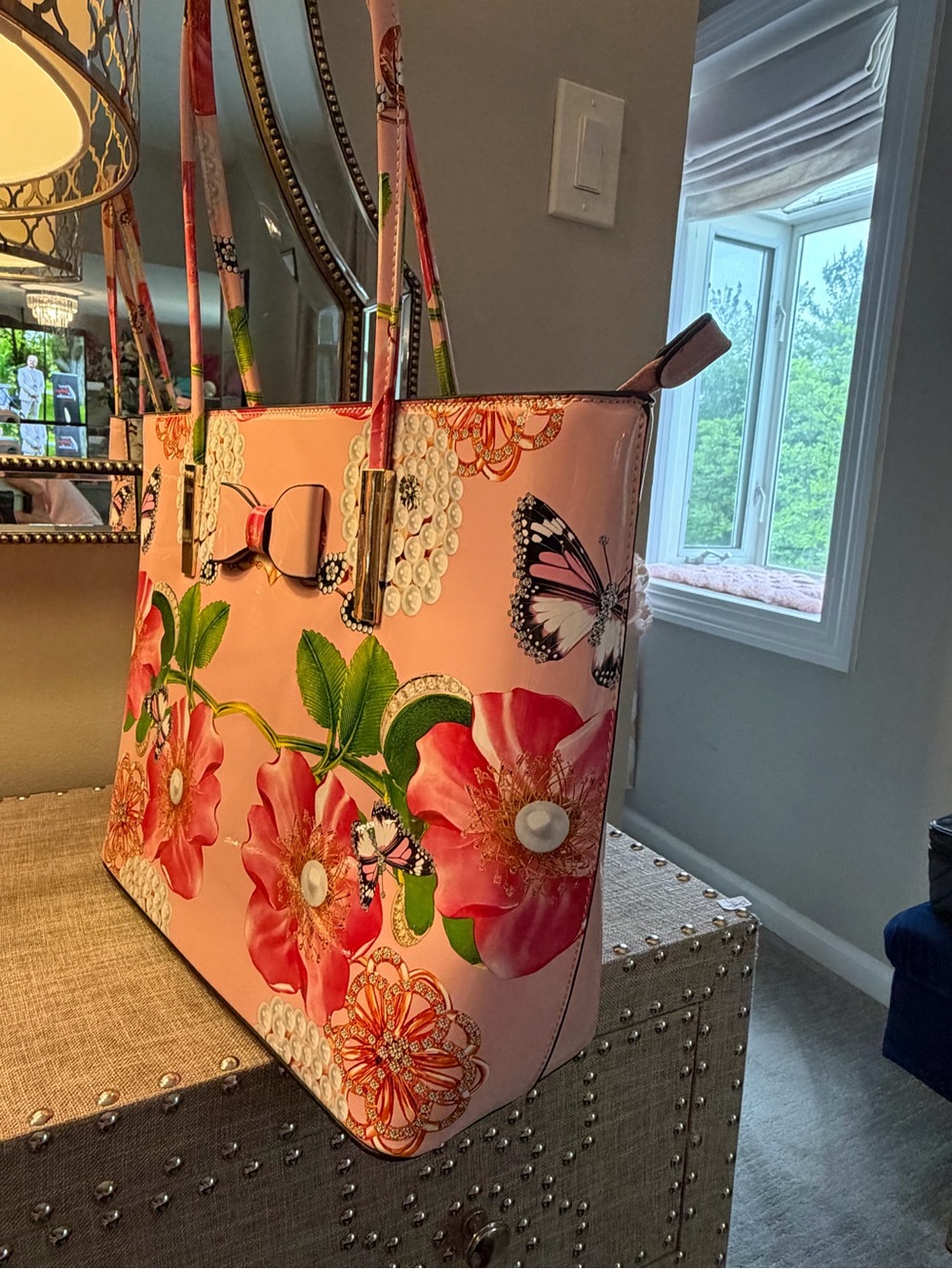 Gorgeous FLORAL Peonies + Pearls Celebration Large Pink Tote satchel Bag w BOW - Picture 6 of 13